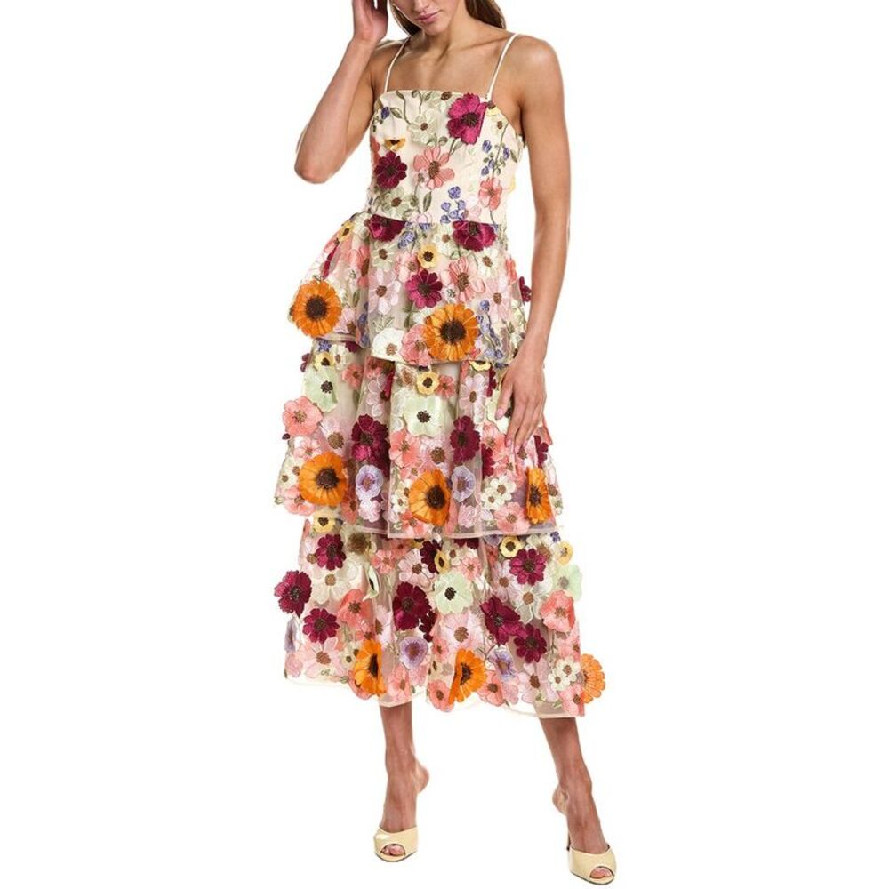 Endless Rose Womens 3D Floral Tiered Midi Dress, Brown